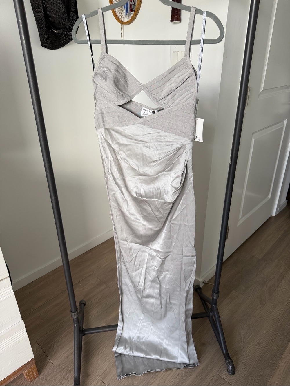 Herve Leger Silver Strapless Satin Gown